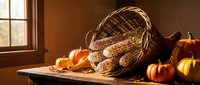 Autumn harvest display with wicker basket, pumpkins, gourds and corn on rustic wooden table by window with warm sunlight for seasonal decoration.