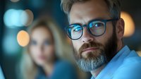 Mature bearded businessman wearing blue glasses in office environment with bokeh lights background and blurred female colleague. Professional corporate portrait.