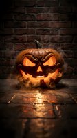 Carved jack-o'-lantern pumpkin with glowing orange light and menacing expression against dark brick wall background, suitable for Halloween decorations and seasonal marketing.