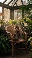 Long-haired tabby cat sitting on wicker chair in sunlit conservatory surrounded by potted plants and greenery, ideal for home decor and pet lifestyle content.