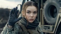 Young female soldier in military combat uniform and black gloves making stop gesture against armored vehicle background, dramatic atmospheric portrait.