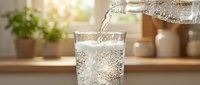 Water pouring into a clear glass on a kitchen counter with potted plants and warm sunlight in the background, perfect for beverage and wellness content.