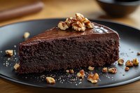 Rich chocolate cake slice topped with glossy ganache and crushed walnuts served on black plate, close up view of moist dessert with dark brown texture.
