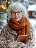 Senior Caucasian woman with white hair and glasses wearing orange knitted scarf and beige sweater holding smartphone outdoors in winter with warm bokeh lights.