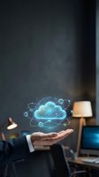 Businessman hand presenting glowing cloud computing network with connected devices and data transfer icons in modern office environment.