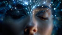 Mystical close up portrait of woman with closed eyes and glowing blue energy streams emerging from head, representing meditation and spiritual awakening.