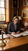 Middle-aged woman professional wearing glasses and dark blazer writing at wooden desk in elegant office with portrait paintings, brass lamp, and natural light from window.