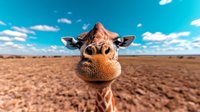 Close up portrait of funny giraffe with wide angle lens distortion showing big nose and snout against blue sky with white clouds in African savanna landscape.