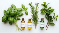 Fresh aromatic herbs basil rosemary mint with essential oil bottles on white background for natural medicine cooking and aromatherapy applications.
