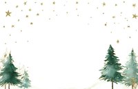 Watercolor winter landscape with green pine trees and golden stars scattered across white background. Festive holiday scene.