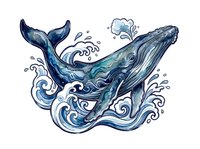 Whales swimming together with splashing water waves in blue tones, isolated on white background. Suitable for t-shirt designs, clipart, and creative projects.