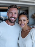 Happy interracial couple embracing and smiling at camera in modern home interior. Caucasian man with beard and African American woman showing love and togetherness.