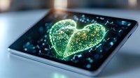 Glowing green heart shape on digital tablet screen with sparkles and light effects against dark background, modern romantic technology concept.