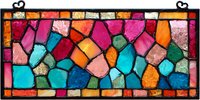 Vibrant stained glass panel with colorful geometric fragments in pink, turquoise, orange, and blue, framed by black borders. Decorative wall hanging for home decor.