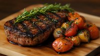 Juicy grilled beef steak with charred cherry tomatoes and fresh rosemary sprigs on wooden cutting board, close up view showing grill marks and caramelization.