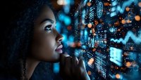 Young African American woman in profile view examining futuristic digital interface with glowing data visualizations and holographic elements.