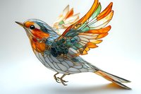 Delicate glass bird sculpture with vibrant orange and turquoise details, wings spread in flight position against white background, showcasing intricate artisanal glasswork.