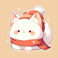 Cute white kawaii cat wearing winter hat and scarf, cartoon style illustration with snowflakes on beige background. Isolated sticker design for digital use.