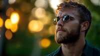 Young Caucasian bearded man wearing sunglasses at sunset with golden bokeh lights in background, looking up thoughtfully in dramatic lighting and natural setting.
