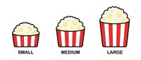 Three striped popcorn containers in small, medium and large sizes with fresh kernels, perfect for cinema snacks, movie theater treats and entertainment design.