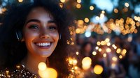 Young African American woman with curly hair smiling genuinely while surrounded by warm bokeh lights creating magical evening atmosphere. Perfect for holiday advertising.