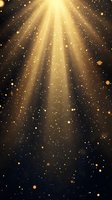 Magical golden light rays shine through darkness with floating glowing particles and bokeh effects creating mystical atmosphere for festive backgrounds.
