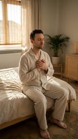 Man in beige pajamas sitting on bed in sunlit bedroom, hand on chest, practicing mindfulness or meditation. Peaceful morning routine with natural light and plants.