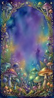 Mystical mushroom forest frame with glowing watercolor galaxy background, celestial stars and moons, botanical ferns and foliage border, magical woodland aesthetic for fantasy designs and posters.