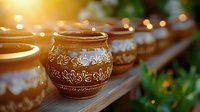Ornate golden candles with embossed floral patterns arranged in a row, featuring warm glowing flames and bokeh background, suitable for home decor and festive occasions.