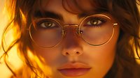 Young woman with round glasses in warm golden sunlight, natural makeup and tousled hair creating atmospheric portrait for beauty and fashion campaigns.
