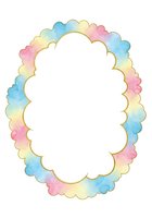 Watercolor rainbow cloud frame with scalloped edges and gold outline on white background for invitations, cards, and creative projects.