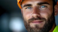 Confident construction worker with beard and blue eyes wearing safety helmet and high visibility vest smiles at camera in close-up portrait.