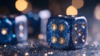 Blue glittery dice with golden dots on dark background with bokeh lights and sparkles, macro photography showing water drops and reflective surface.