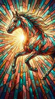 Stained glass horse with flowing mane in vibrant colors and radial sunburst pattern for decorative art and spiritual designs.