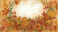 Autumn floral frame with roses, chrysanthemums, maple leaves, and red berries in warm watercolor tones, featuring a soft center space for text.