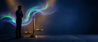 Professional male lawyer silhouette contemplating golden scales of justice under vibrant aurora borealis lights in dark atmospheric courtroom setting.
