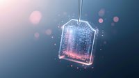 Glowing tea bag silhouette with magical sparkles and pink bokeh effects against dark blue background creates mystical beverage concept for wellness and relaxation designs.