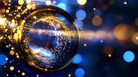 Magical crystal ball with glowing golden sparkles and blue bokeh lights against dark background creates mystical fortune telling atmosphere.
