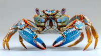 Vibrant blue land crab with orange markings and red claws in defensive posture against gray background, showcasing detailed natural patterns and symmetrical composition.