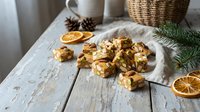 Homemade Christmas cookies with nuts and dried fruits on rustic wooden table with festive decorations, pine branches and warm mug for holiday baking.