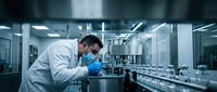 Male scientist in white lab coat and protective mask working with laboratory equipment in modern research facility for pharmaceutical development.