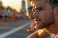 Side profile of young Caucasian male with styled hair and trimmed beard in golden sunset light, looking ahead with determined expression against urban background.