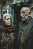 Elderly couple in traditional vintage clothing standing together outdoors, depicting timeless love and companionship in rustic European setting.