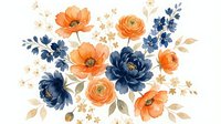 Watercolor floral arrangement with orange poppies, navy blue peonies, and golden leaves on white background, isolated for design use.