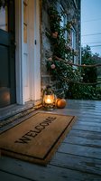 Cozy autumn porch at dusk with a welcome mat, glowing lantern, pumpkin, and climbing roses on a rustic stone house exterior.