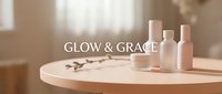 Beige cosmetic bottles and candles arranged on wooden round table with dried flowers and glow and grace text overlay for beauty branding.
