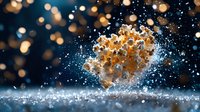 Popcorn explosion with water splashes and bokeh lights on dark background, dramatic food photography with motion freeze effect and flying kernels.