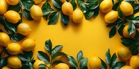 Fresh lemons and green leaves creating a decorative frame border on vibrant yellow background, perfect for food blog headers, restaurant menus, or healthy lifestyle designs.