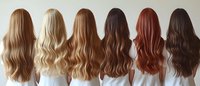 Different shades of long wavy hair from blonde to brunette shown on mannequins against light wall, displaying variety of natural hair colors for beauty salon or wig store.