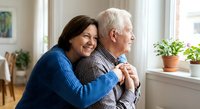 Happy mature couple embracing at home window, senior woman hugging elderly man from behind, loving relationship, retirement lifestyle, cozy domestic interior.